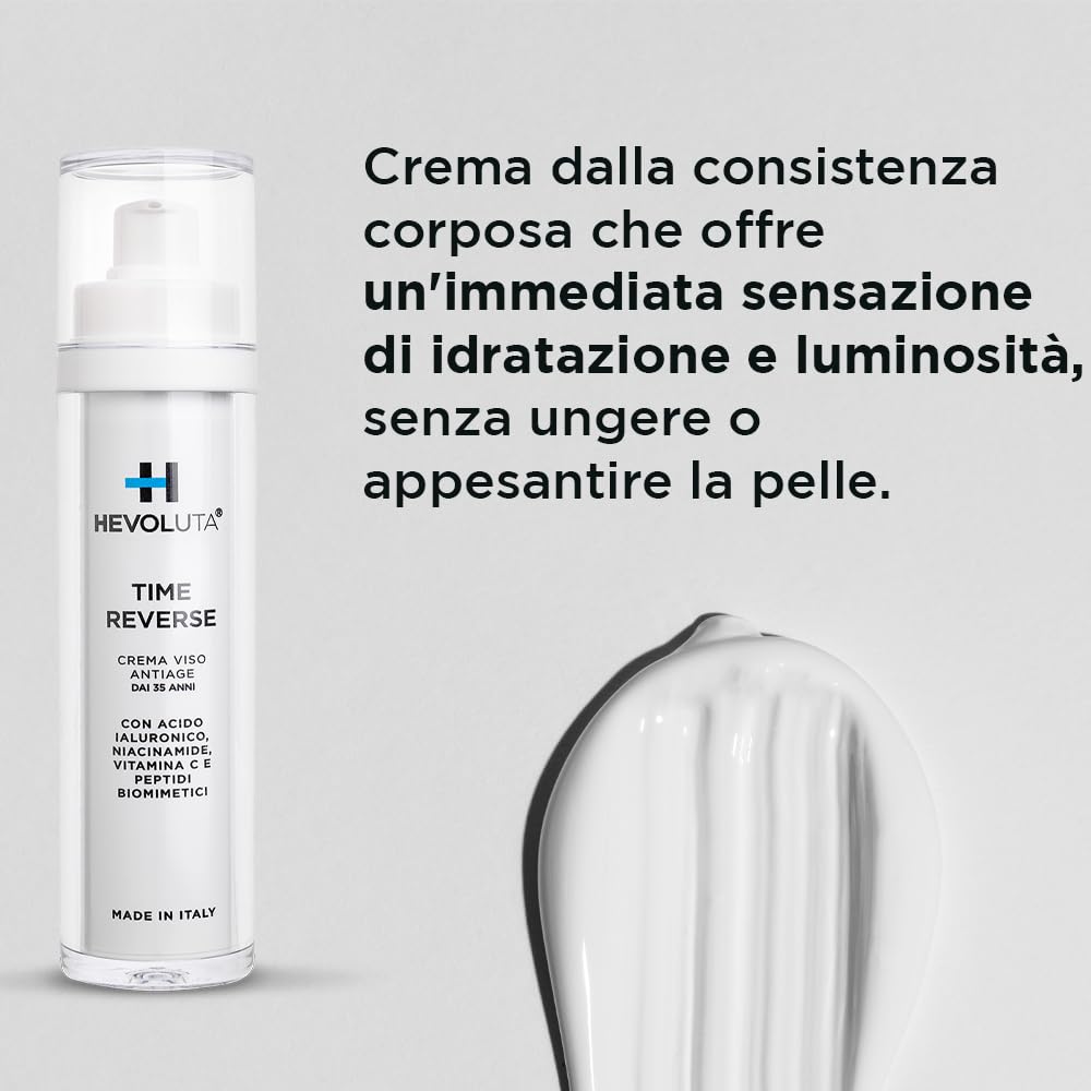 Hevoluta Time Reverse, Crema Viso Pelli Mature, Idratante Antiage, 50 ml | Antirughe con Peptidi Biomimetici Vitamina C, Niacinamide, Acido Ialuronico, Giorno e Sera, Made in Italy