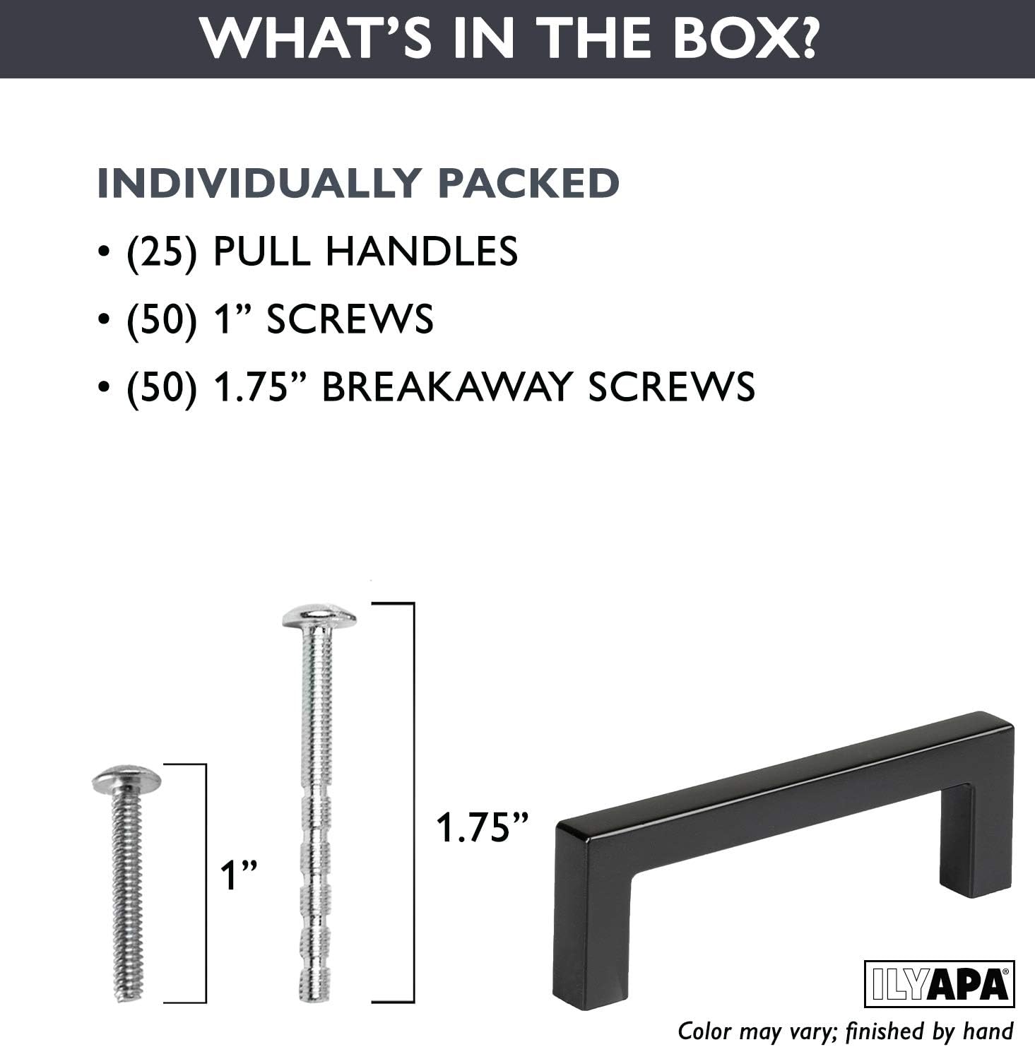 Ilyapa 25 Pack Modern Black 3-1/3 Inch Square Cabinet Pulls - Kitchen Drawer Hardware with 3 Inch Hole Center