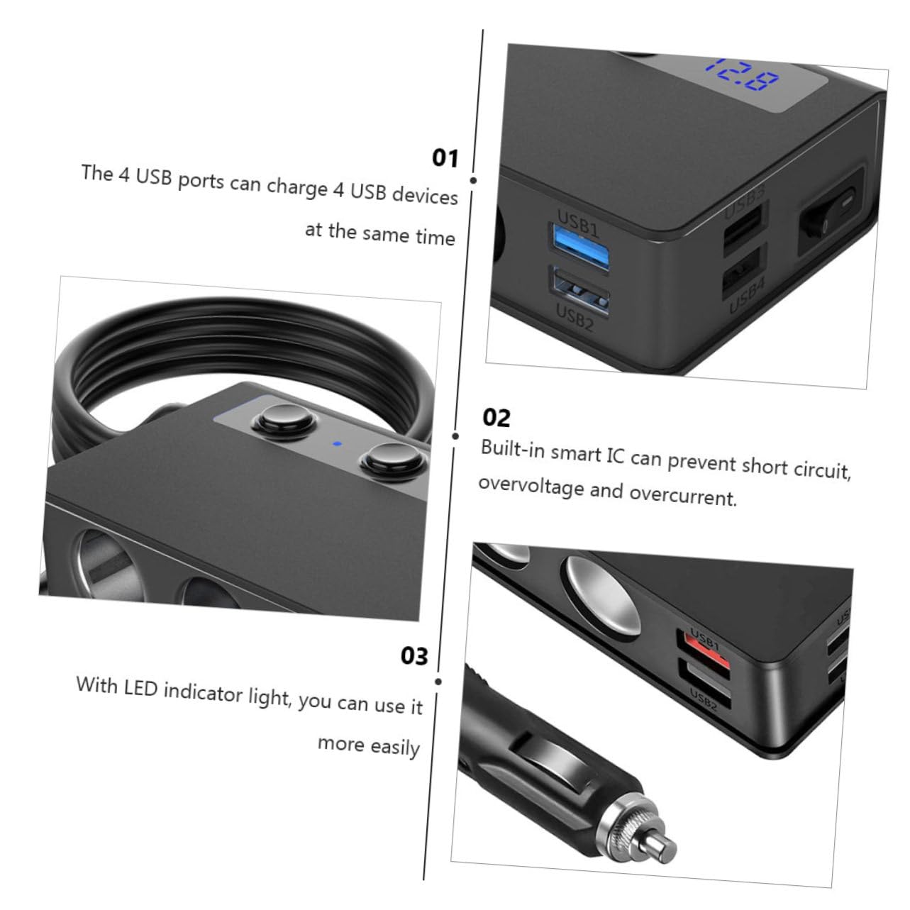 Angoily 180w Répartiteur Allume-Cigare avec Ports USB Et Prises pour Voiture Chargeur Téléphone Allume-Cigare