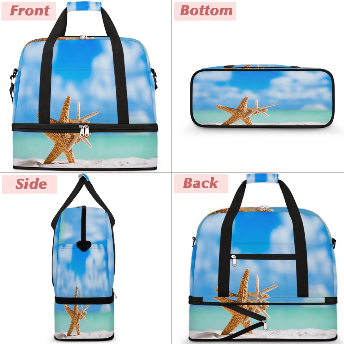 Ocean Beach Starfish - Bolsa de viaje plegable con diseño de estrella de mar de 47 litros, bolsa de fin de semana con funda para carrito de transporte, bolsa de hombro separada para deportes,