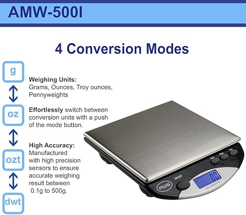 Miniatura 3 de Báscula compacta de banco de acero inoxidable retroiluminada pantalla LCD pies estabilizadores de goma - AMW-500I-BLK - 500G x 0.1G - (negro) -