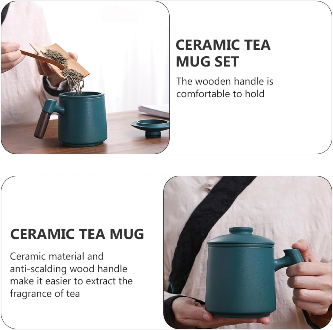 Ceramic Tea Mug with Infuser and Lid, 400ml Green Covered Coffee and Milk Cup with Wood Handle, Home and Office Drinkware Set