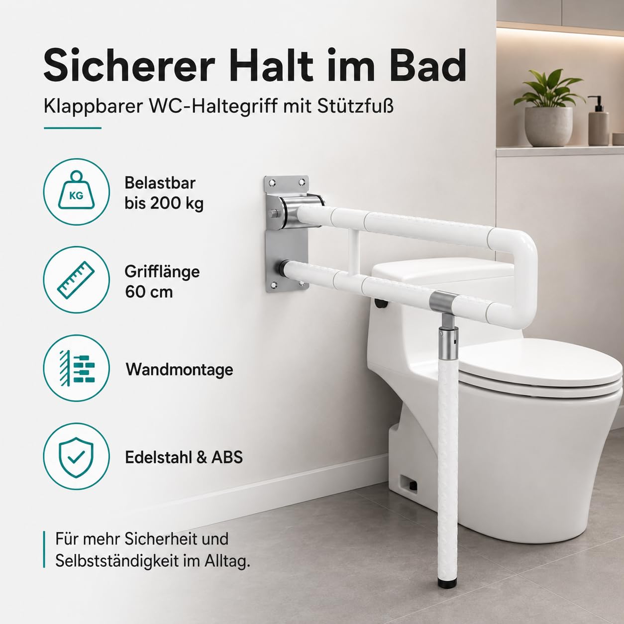 Uchwyt ścienny WC składany z nóżką, obciążenie 200 kg, biały | Składany uchwyt podporowy do WC, uchwyt 60 cm, do łazienki, seniorów i pielęgnacji