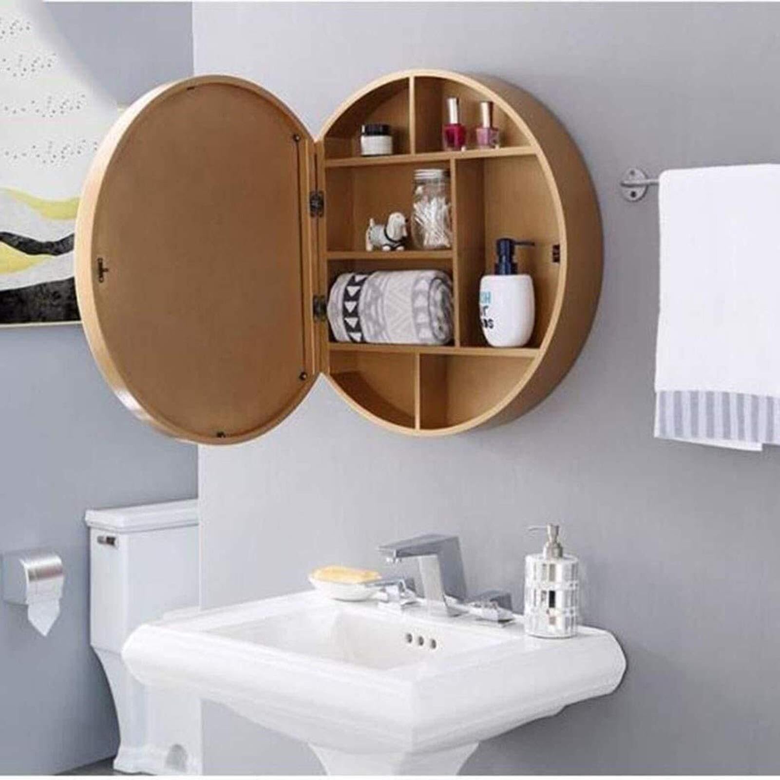 Espejos de baño de Madera Maciza - Espejo de tocador Grande corredizo montado en la Pared con función de Almacenamiento for Muebles - Espejo de Pared Redondo(Brass Gold,60cm)