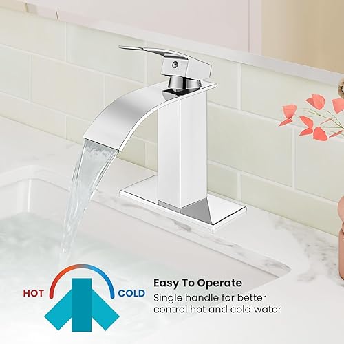 Miniatura 6 de gotonovo Grifo de baño en cascada de una sola manija para fregadero de acero inoxidable moderno de 1 agujero, grifo mezclador moderno sin drenaje