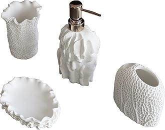 Hymmah Bathroom Accessories Set,Coral Seashell Design Toothbrush Holder,Farmhouse Bathroom Decor,4 Pcs Resin Gift Set Apartment Necessities, Contain Toothbrush Cup,Soap Dispenser,Soap Dish,Tumbler
