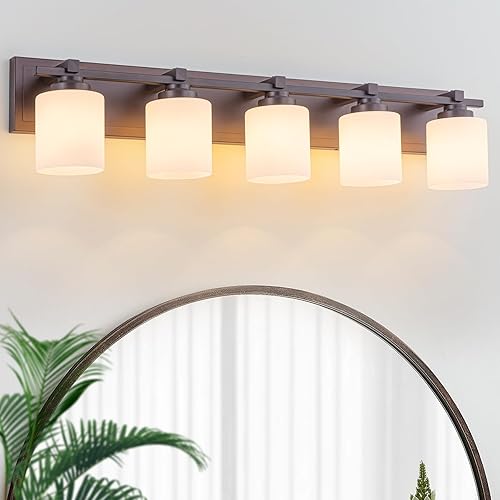 Miniatura 35 de 1 Lámpara Moderna para Baño sobre Espejo, Luces de Tocador Cromadas para Apliques de Pared de Baño con Pantallas de Vidrio Blanco Lechoso, Casquillo