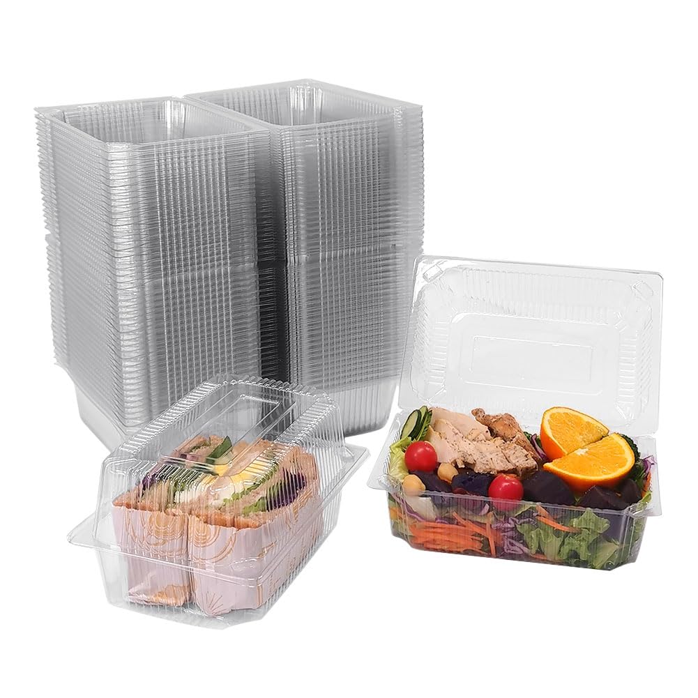 AHXHWKA 100 Pcs Plastic Hinged Food Containers with Lids, 7.3×4.9×3.8 Disposable Clamshell Take Out Loaf Containers, Clear Food Containers for Salad Hamburger Fruit Cake Cookie Sandwich