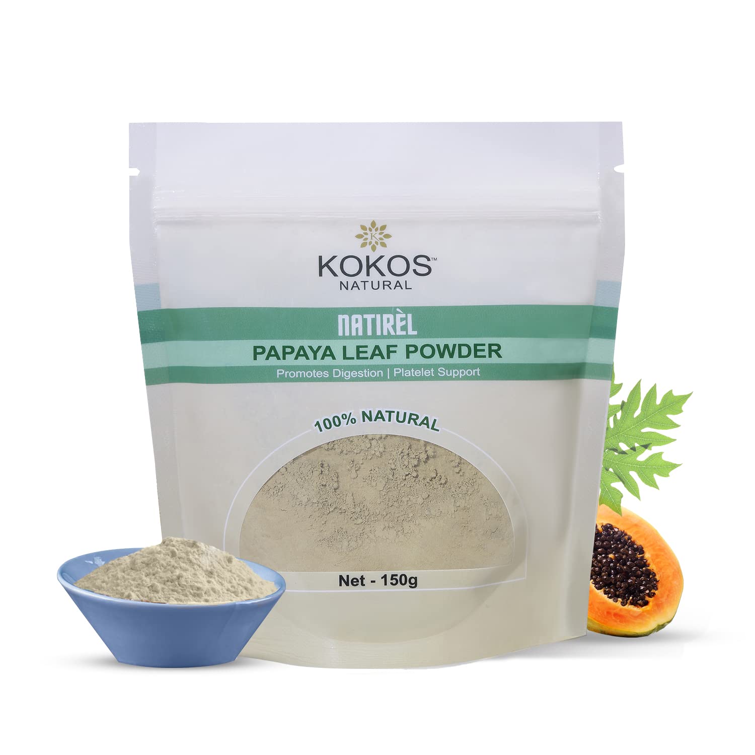 Kokos Natural Papaya Leaf Powder 150 Gm - Promotes Digestion, Platelet Support, 100% Natural - Rich in Enzymes, Vitamins & Minerals, Anti-Malaria - Ideal for Liver, Hair, Skin & Menstrual Cramps