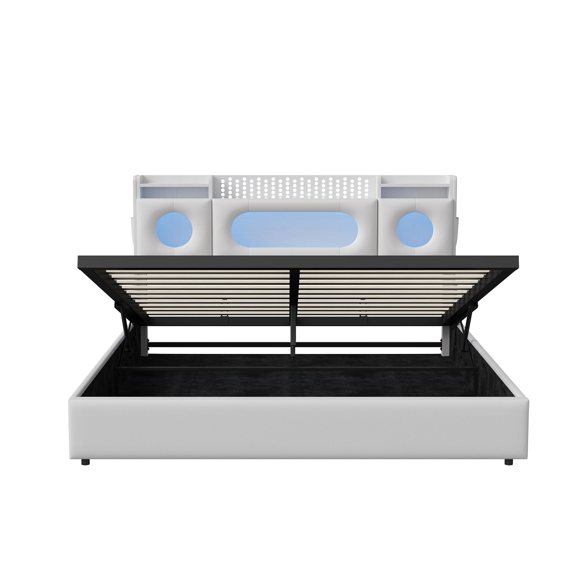 KeepGoon Cama de Matrimonio de 140 x 200 cm, de Poliuretano, con cabecero abatible, Tira de luz LED e interfaces USB y Type-C con somier de láminas y función de Almacenamiento