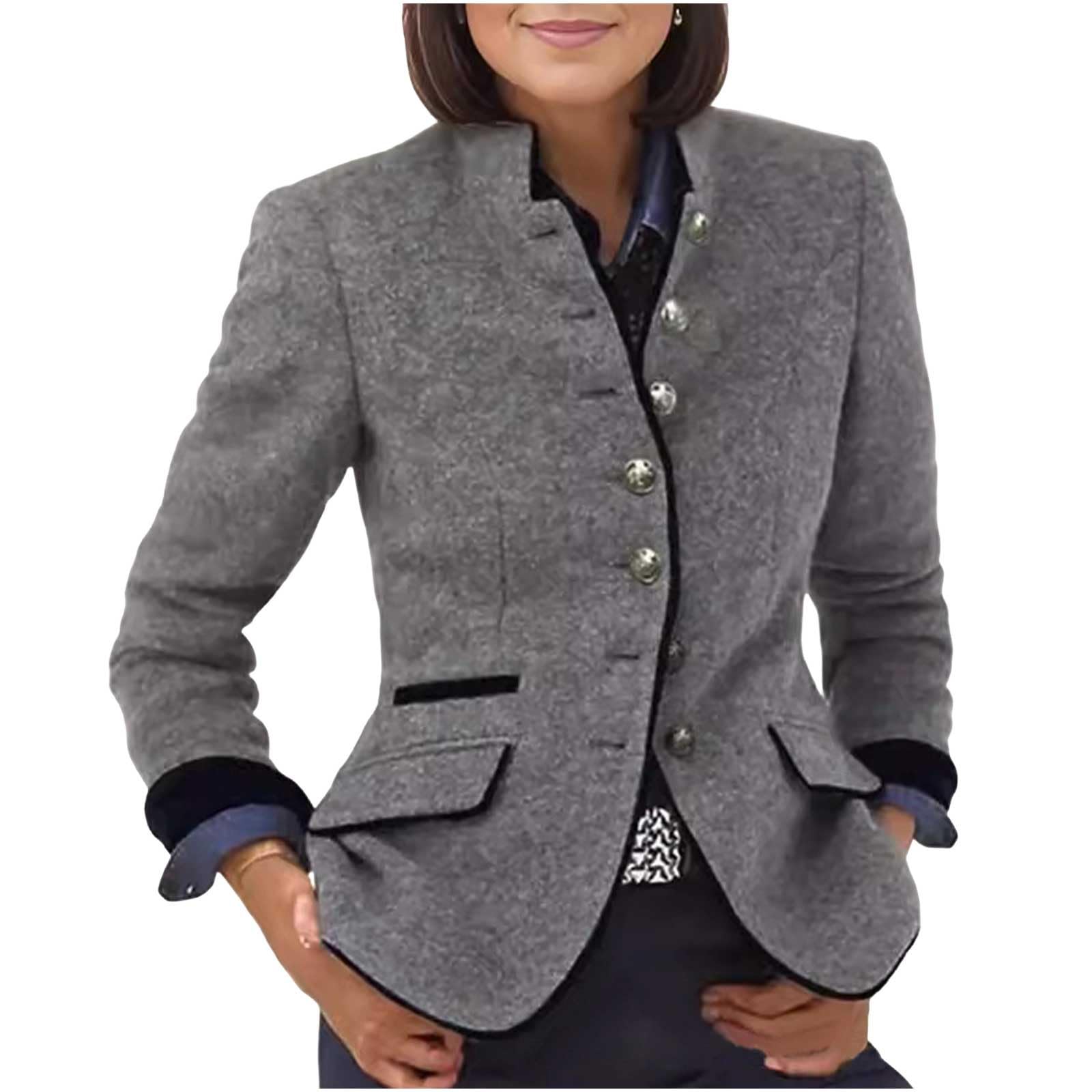 Womens Tweed Blazers Cropped Long Sleeve Stand Collar Open Front Lightweight Button Down Work Business Jackets