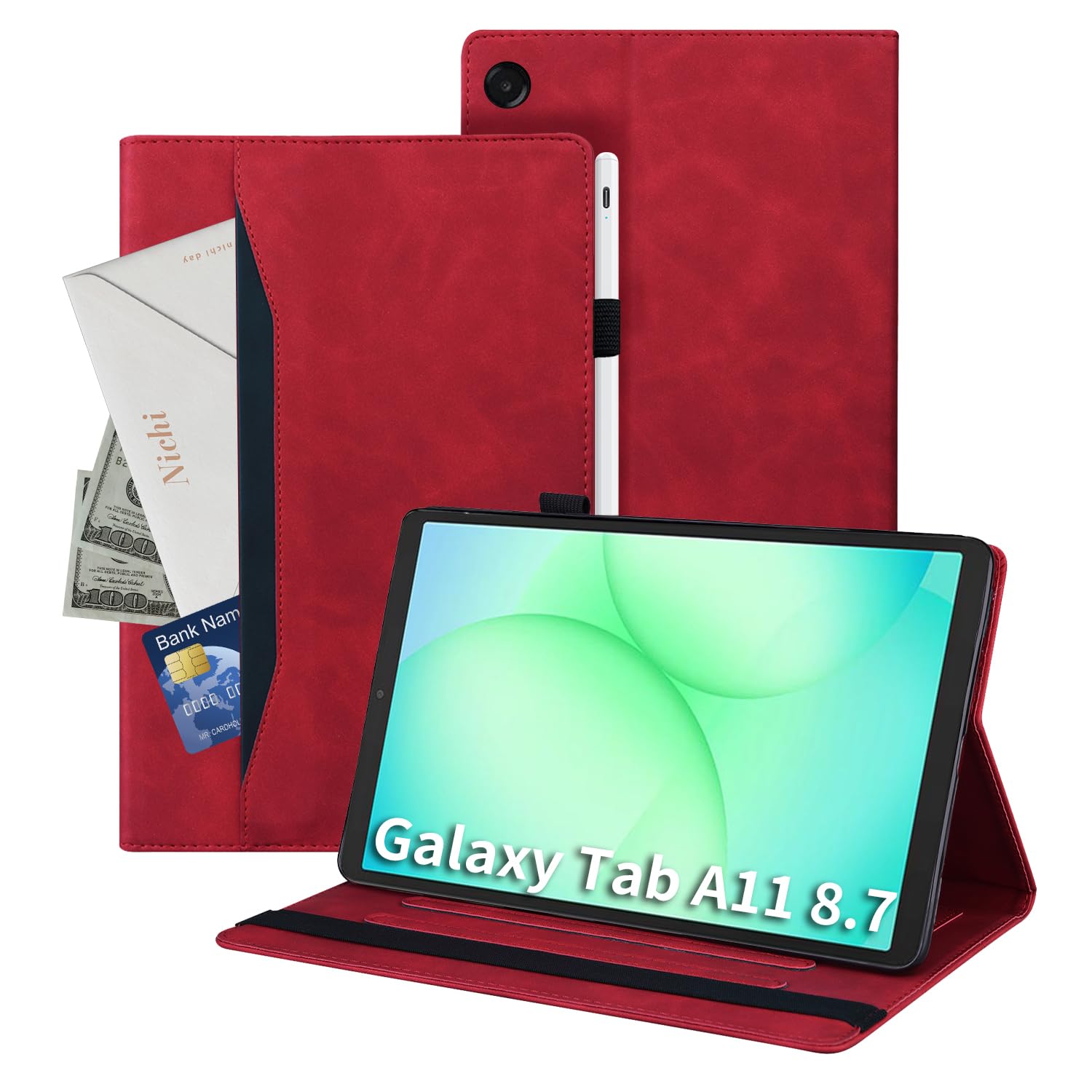 Auslbin Hülle für Samsung Galaxy Tab A11 8.7 Zoll 2025 SM-X133/SM-X135 PU Leder Schutzhülle mit Standfunktion und Kartensteckplatz Cover Case mit Stifthalter für Galaxy Tab A11 8.7" 2025 Rot
