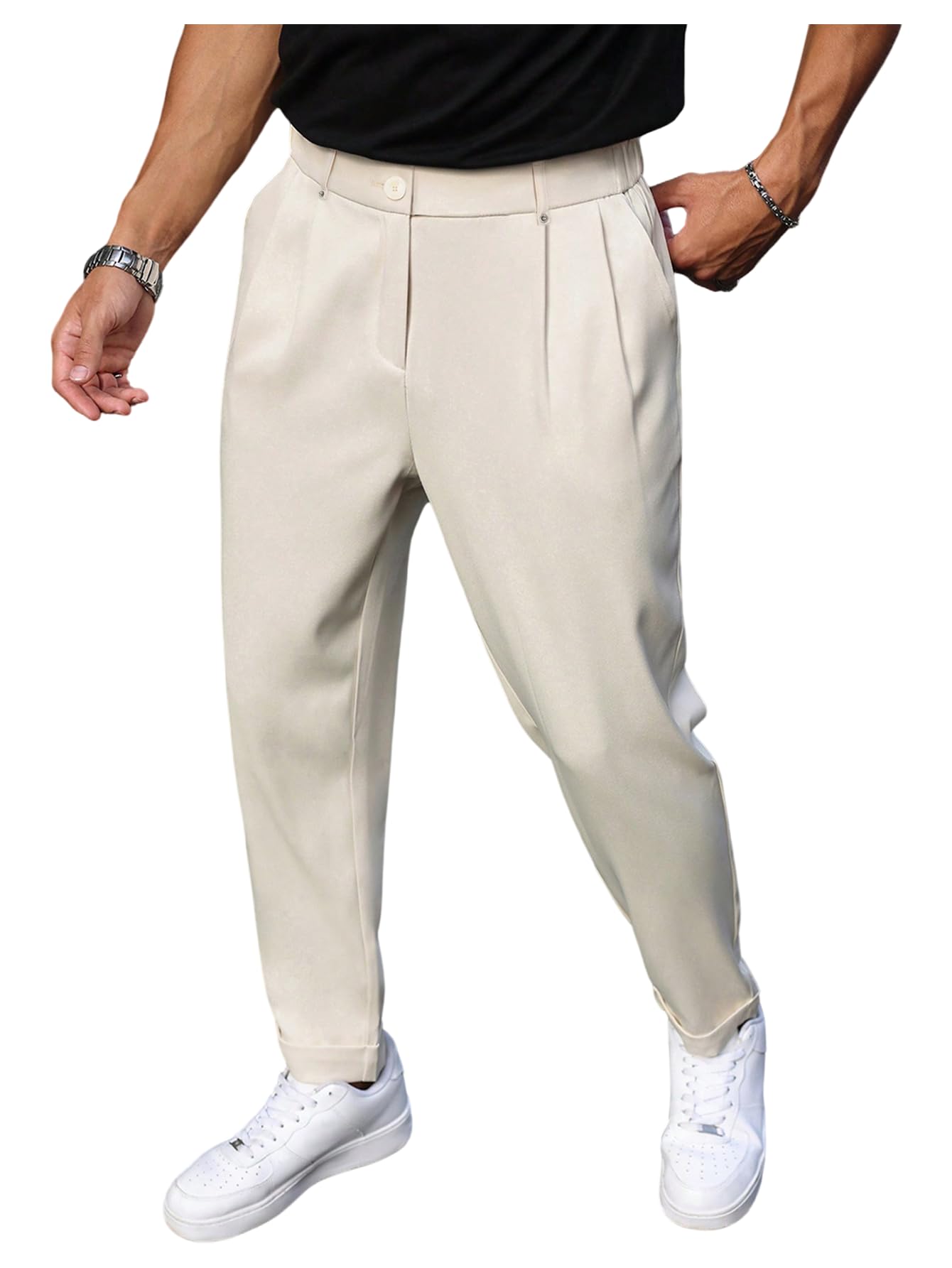 OYOANGLE Mens Dress Pants Zipper Fly Pleated Business Casual Skinny Tapered Trousers