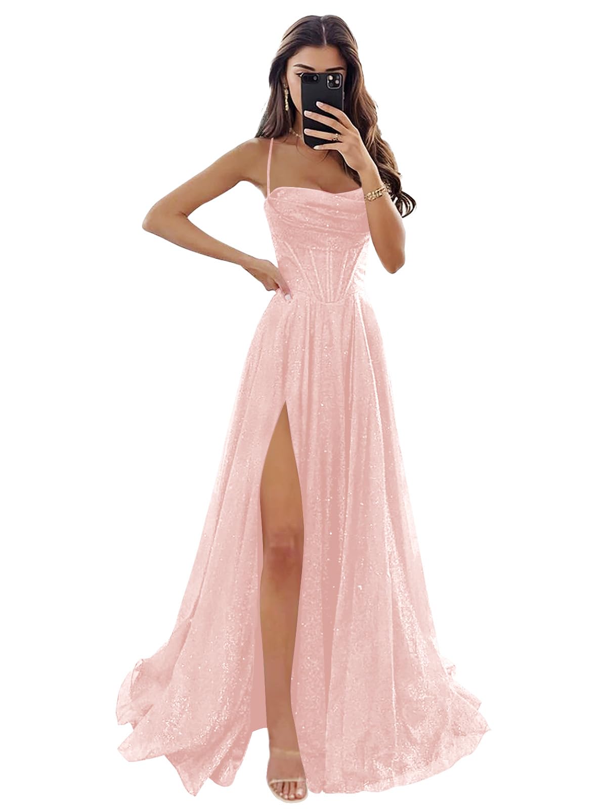 Women's Spaghetti Straps Glitter Tulle Prom Dress with Slit Cowl Neck Long Formal Party Gown