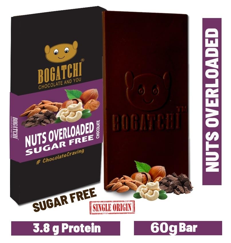 Image of BOGATCHI Nuts Overloaded Sugar Free Rich Dark Chocolate bar 80gm