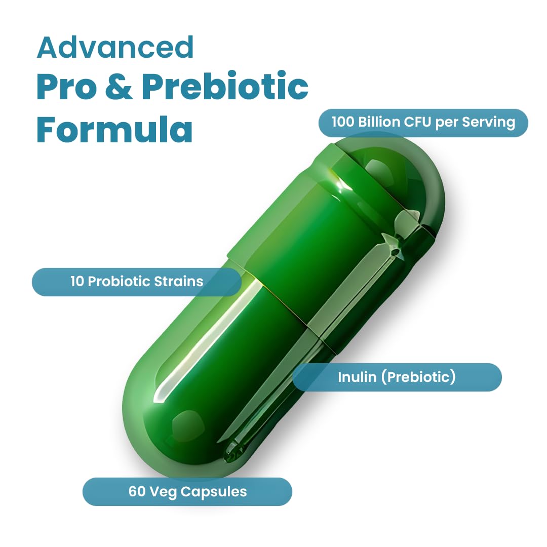 ZEROHARM Gut Army Prebiotics & Probiotics Capsules | 10 Unique Strains 100 Billion CFU with Inulin | Pre & Probiotics Supplement for Gut Health, Digestion, Colon Cleanse & Skin Care | 60 Capsules 3