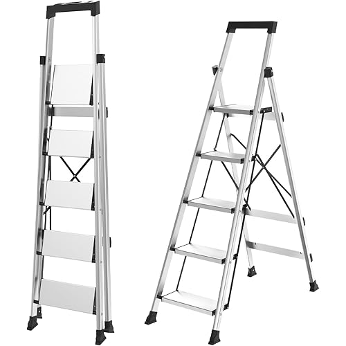 HBtower 5 Aluminum Step Ladder, Strudy Ladders for Home with Tool Tray, Anti-Slip Folding Step Stool for Adults, Light Weight Portable Durable 330lbs Safety for House Outdoor Work