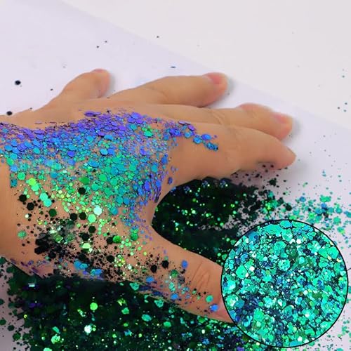 Chameleon Glitter, Foluvinzzis 60G Bag Green Blue Color Changing Glitter Nail Sequins Tumbler Crafts Resin Chunky Glitter(60G-Color2), Blue,Green #TOP15