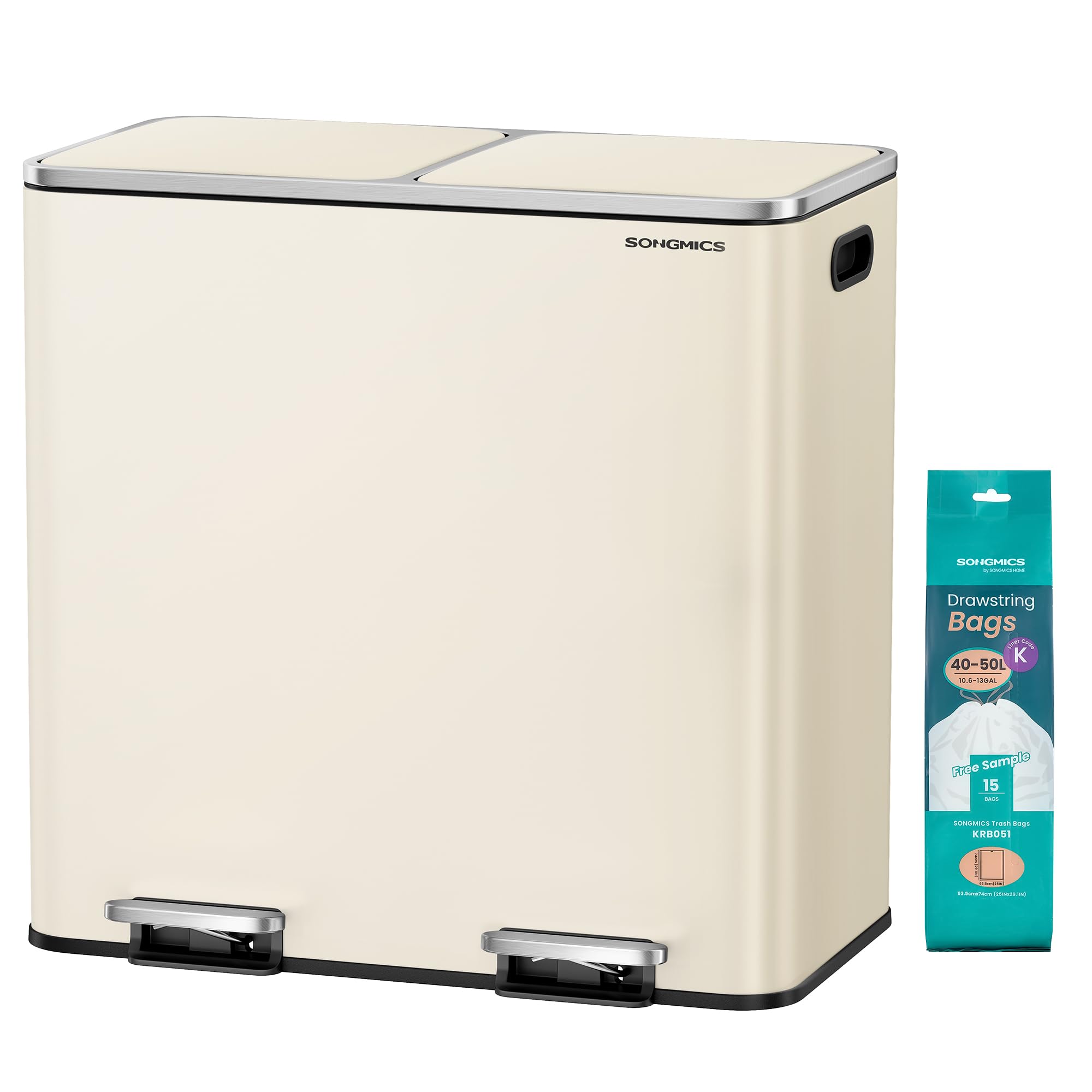 SONGMICS Trash Can, 2 x 10.6 Gallon (2 x 40 L) Garbage Can for Kitchen, with 15 Trash Bags, 2 Compartments, Plastic Inner Buckets and Hinged Lids, Airtight, Almond Color ULTB730A01V1