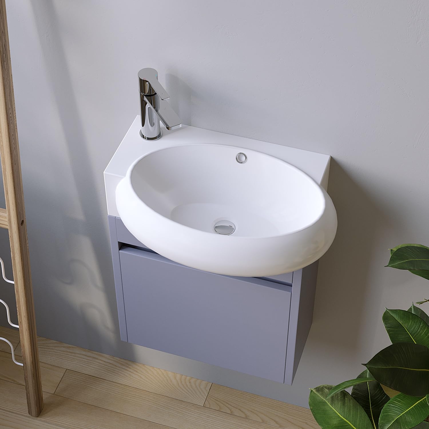 Lavabo de salle de bain en céramique ovale suspendu Petit 44 x 29 x 13,5 cm – avec trop-plein et trou de robinet (à gauche), sans meuble inférieur, montage mural, bord ultra fin, nombreuses