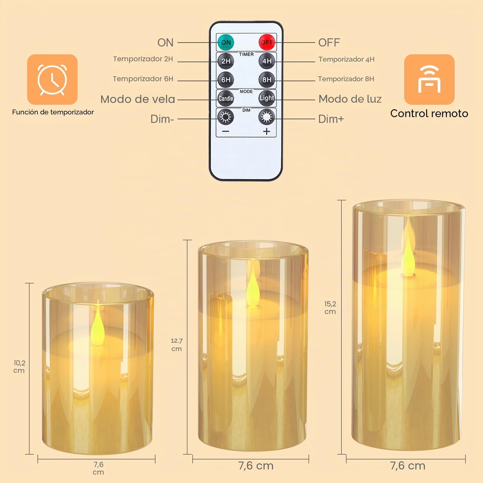 EXTSUD Velas LED sin llama recargables con estación de carga y mando a distancia, juego de 3 velas decorativas intermitentes de cristal con temporizador para fiestas, cumpleaños, bodas (Marrón)