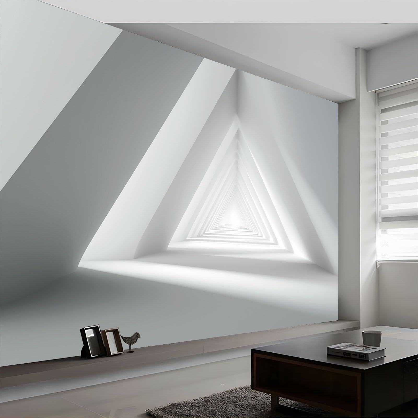 Panoramiczna tapeta 350 x 256 cm (szer. x wys.), włóknina ścienna abstrakcyjna geometryczna trójkąty - do salonu pokoju dziecięcego i kremowa dekoracja ścienna