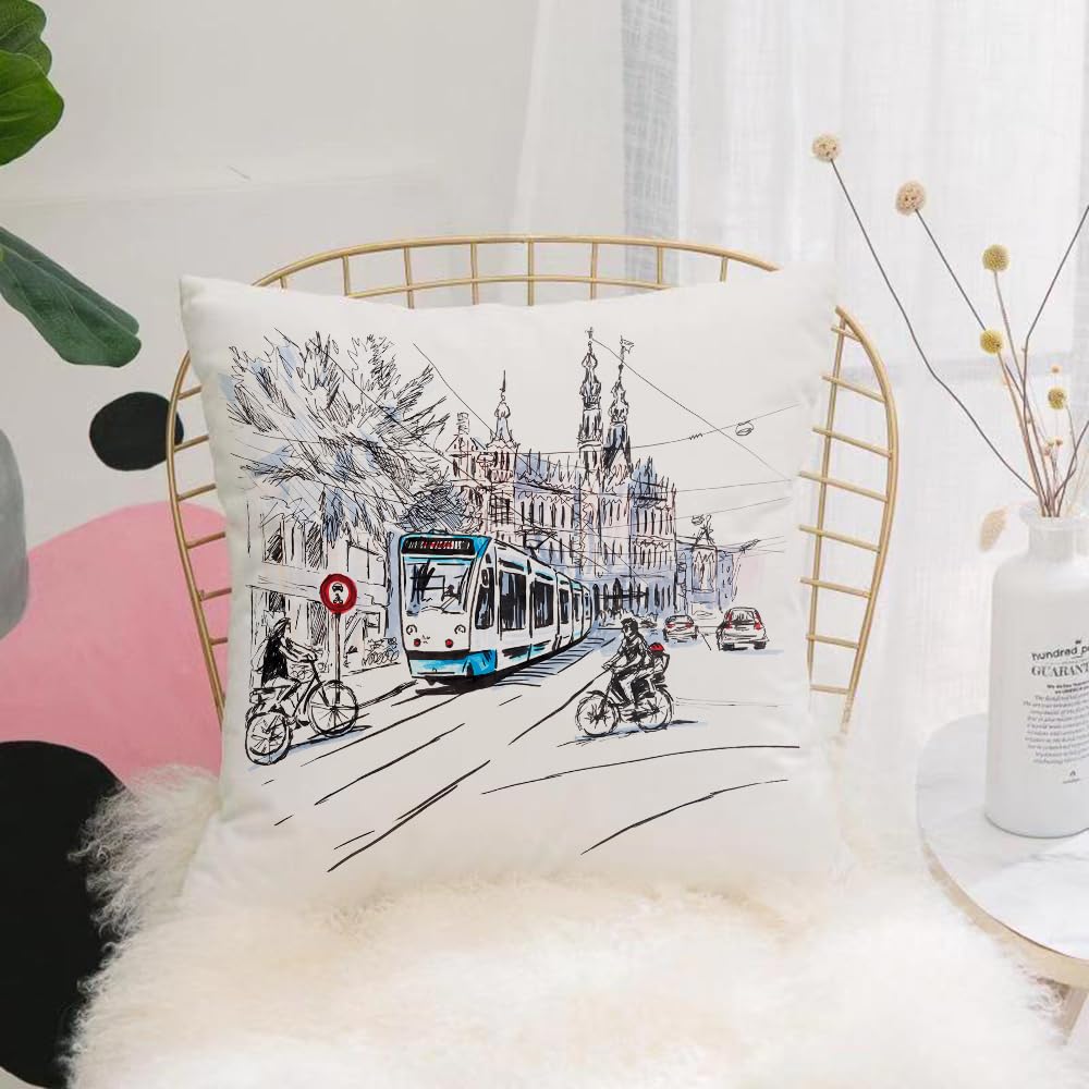 HYMSXW Cushion Cover,Throw Pillow Case Home Decorative for Living Room Bedroom Sofa Chair 20X20 Inch,City view of typical Amsterdam street with cyclists and tram Holland Netherland,Pillowcase 50X50cm