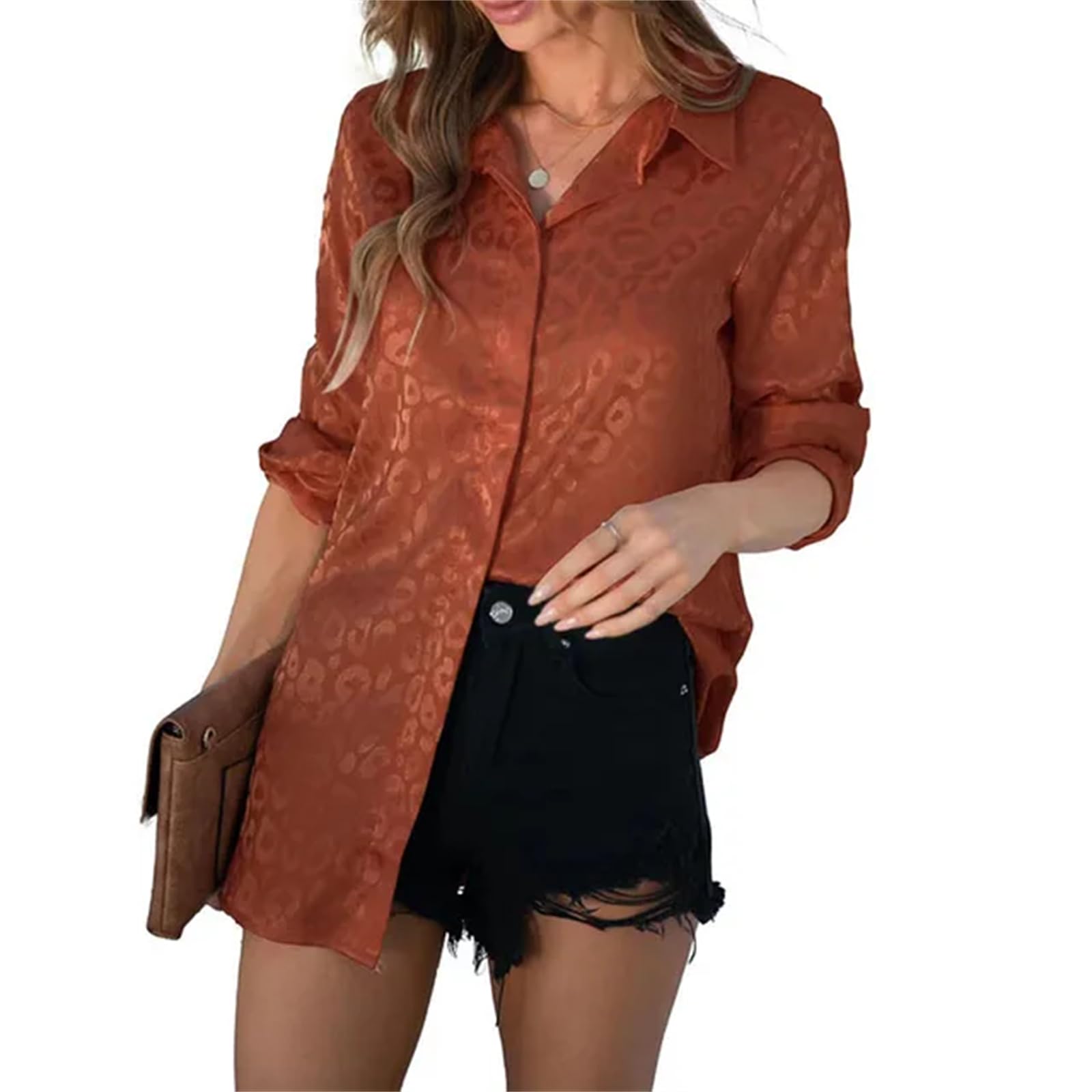 Bluse Damen Frauen Elegante Leopard Print Lose Bluse Frühling Sommer Langarm Satin Revers Shirt-e-s