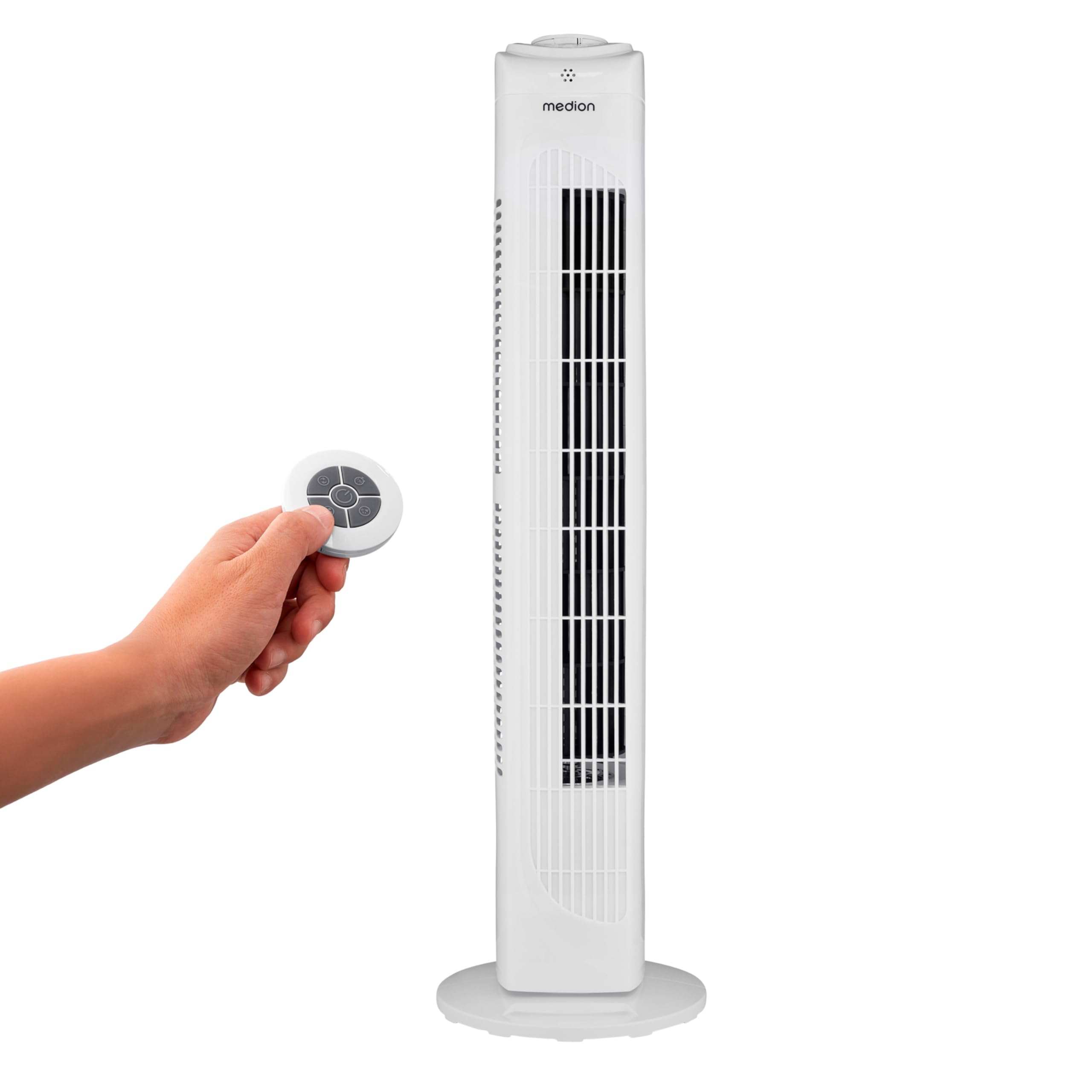 MEDION E11 TF Turmventilator mit Fernbedienung 45 Watt 3 Geschwindigkeitsstufen leiser Schlafmodus 60° horizontale Oszillation Timer weiß