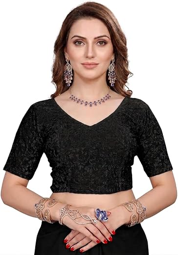 Bhochi Women's Readymade Saree Blouse – Round Neck, Half Sleeve, Stretchable Fabric, Ready to Wear Blouse for Saree