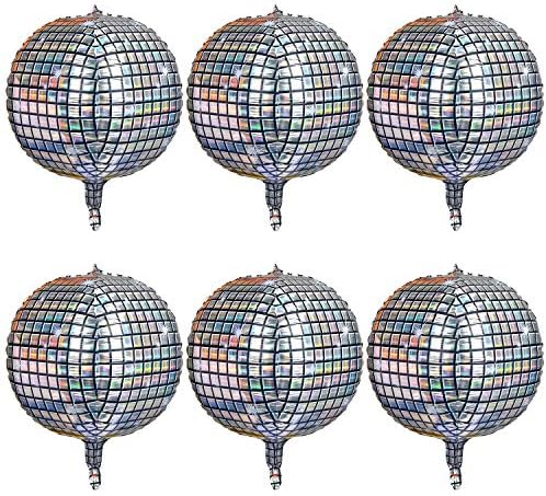 6 Count 22 Inch Disco Ball Balloon Silver laser 4D Large Inflatable Sphere Aluminum Foil Balloon Silver Mirror Balloon for Disco Dance Party Supplies Bouquet Wedding Baby Shower Decorations