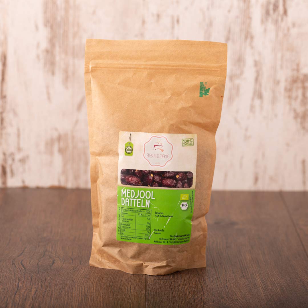 süssundclever.de® | Bio Medjool Datteln aus Palästina | Jumbo | 5 kg (5 x 1kg) | kompostierbare Verpackung - besonders saftig und sehr groß