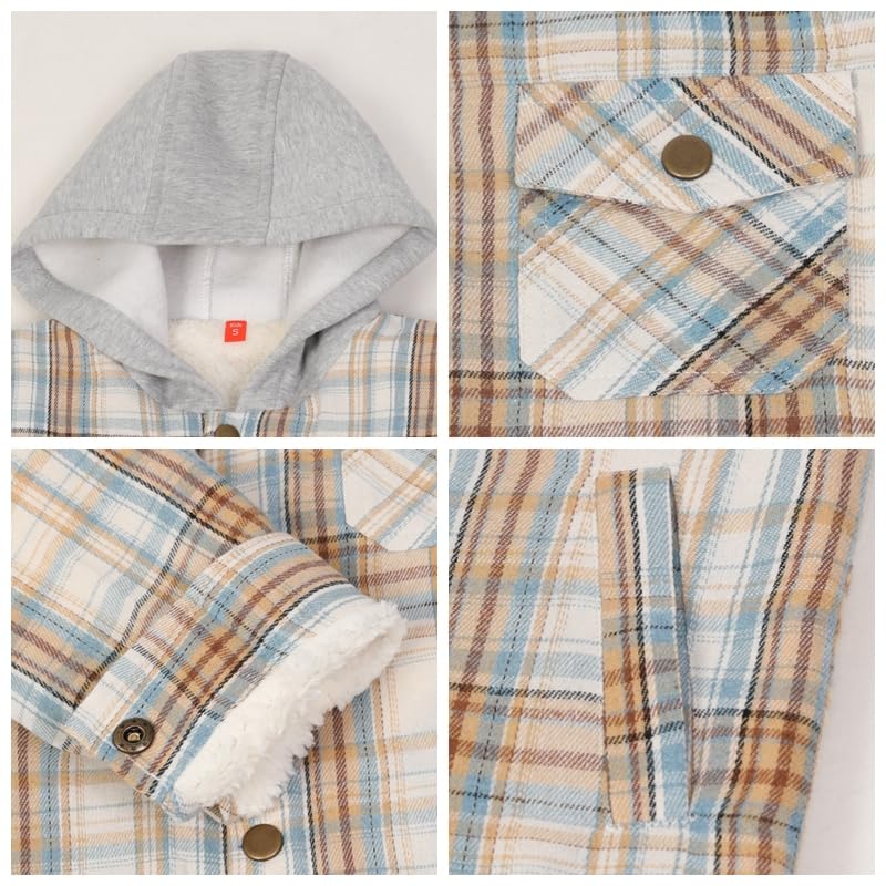 ThCreasa Unisex Toddler and Kids Plaid Snap Sherpa Lined Flannel Shacket Shirt Jacket with Hood4
