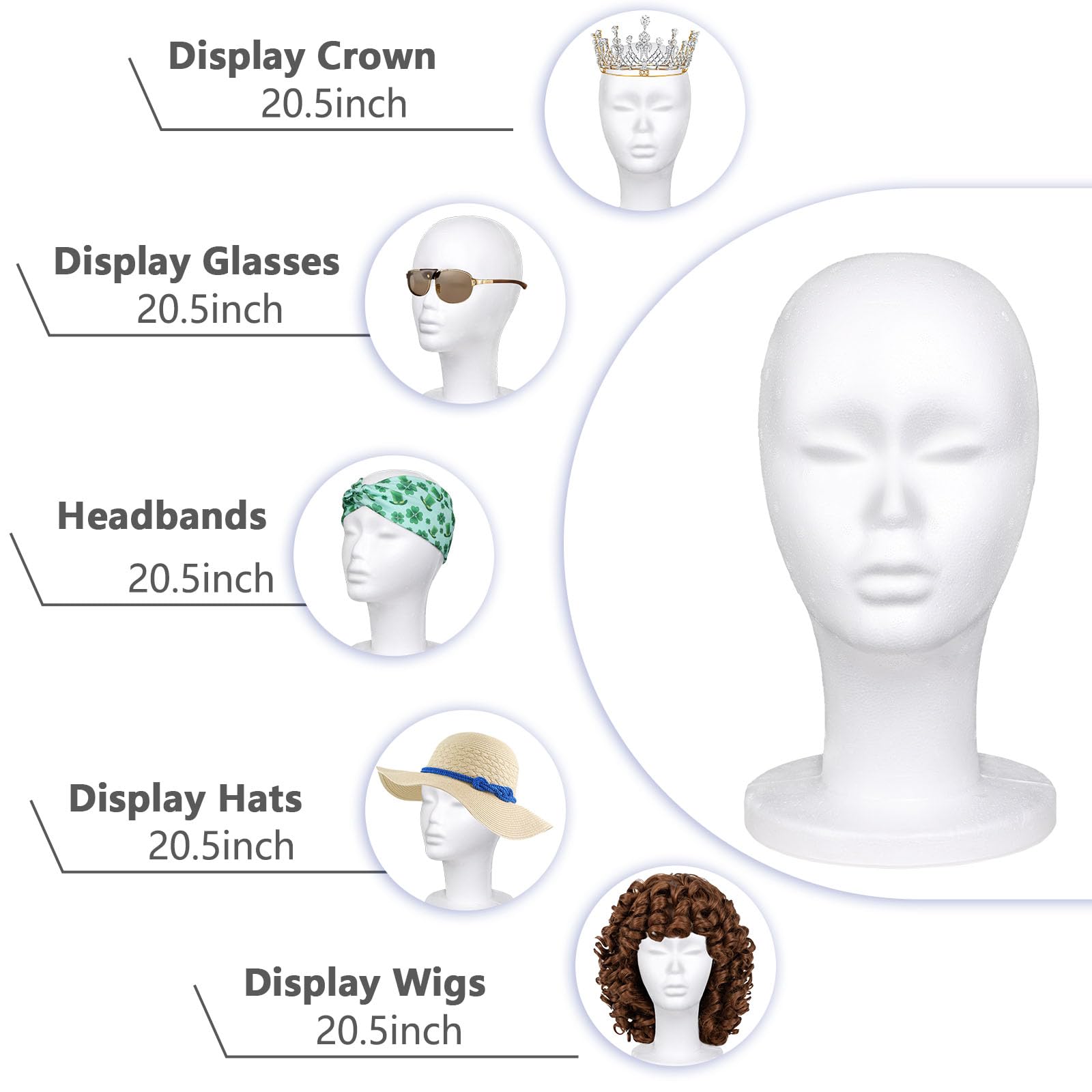 Tête de perruque en mousse de polystyrène pour femme, support de coiffure, 3 pièces
