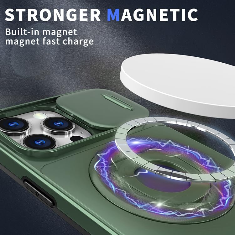 Image of LuxuryKase MagSafe Shockproof Rugged Back Case for iPhone 15 Pro | Finger Ring Kickstand & Sliding Camera Cover | Military Drop Protection | Wireless Charging Support - Dark Green