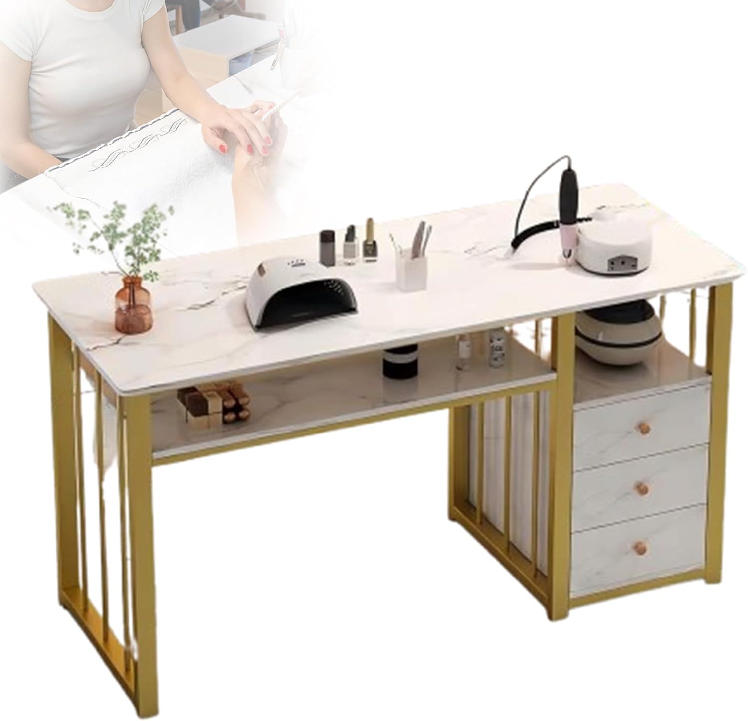 Scrivania per Unghie, Tavolo da Manicure Professionale, Scrivania per Manicure con Texture in Marmo con più Ripiani Aperti, Postazione di Lavoro per Salone Spa, Scrivanie per Tecnici, 100cm
