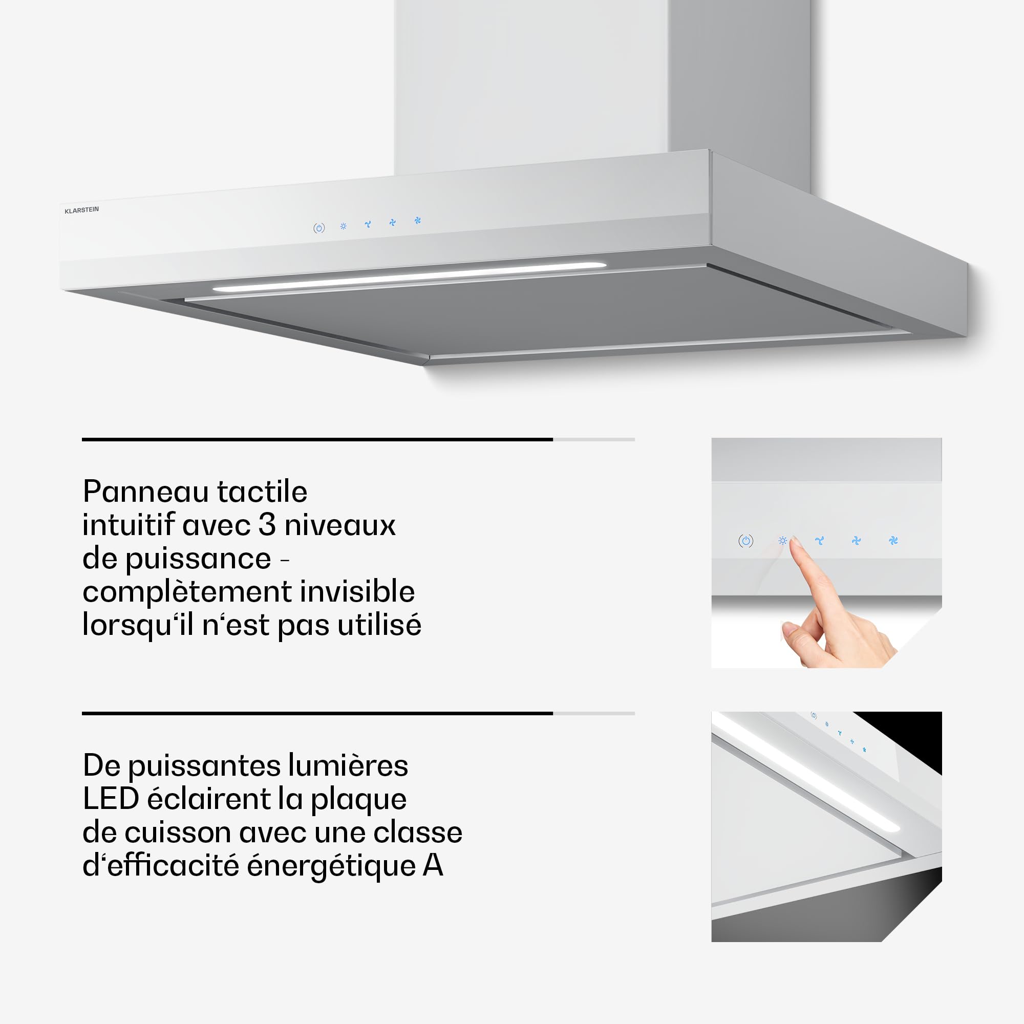 Klarstein Velaire Hotte Aspirante 60 cm - Hotte Murale Silencieuse, 600 m³/h, A++, Commandes Tactiles, LED, Filtre Charbon, 3 Vitesses, Cuisine Moderne, Blanc