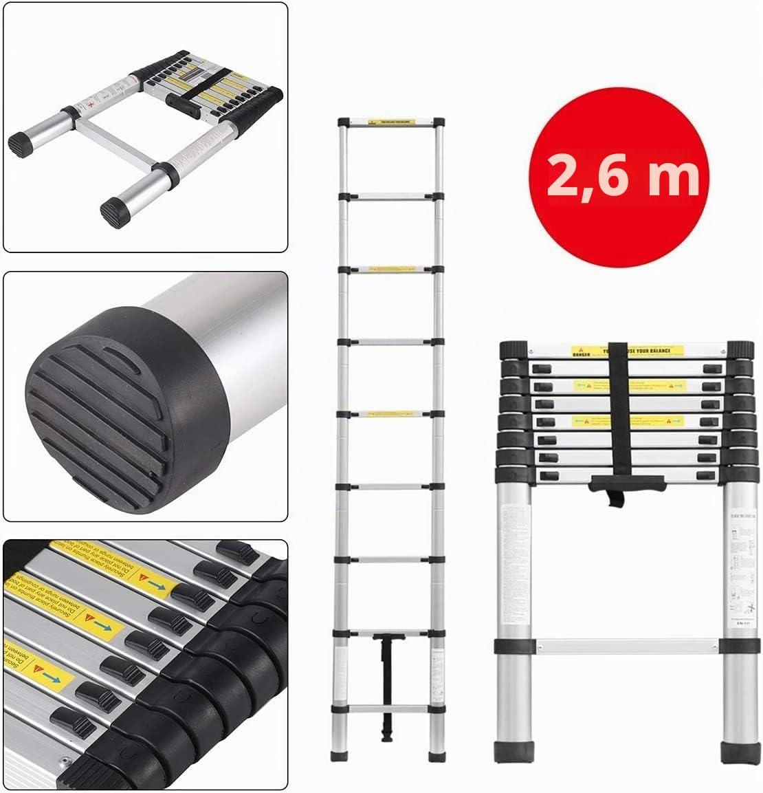 TREPPE Escalera Telescópica Aluminio 9 Escalones 2,6m