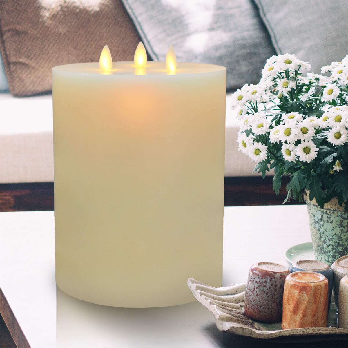 TELOSMA 3-Moving Wick Flameless Large Candle with Remote Control,Flat Top in Ivory - 6 x 9 inch