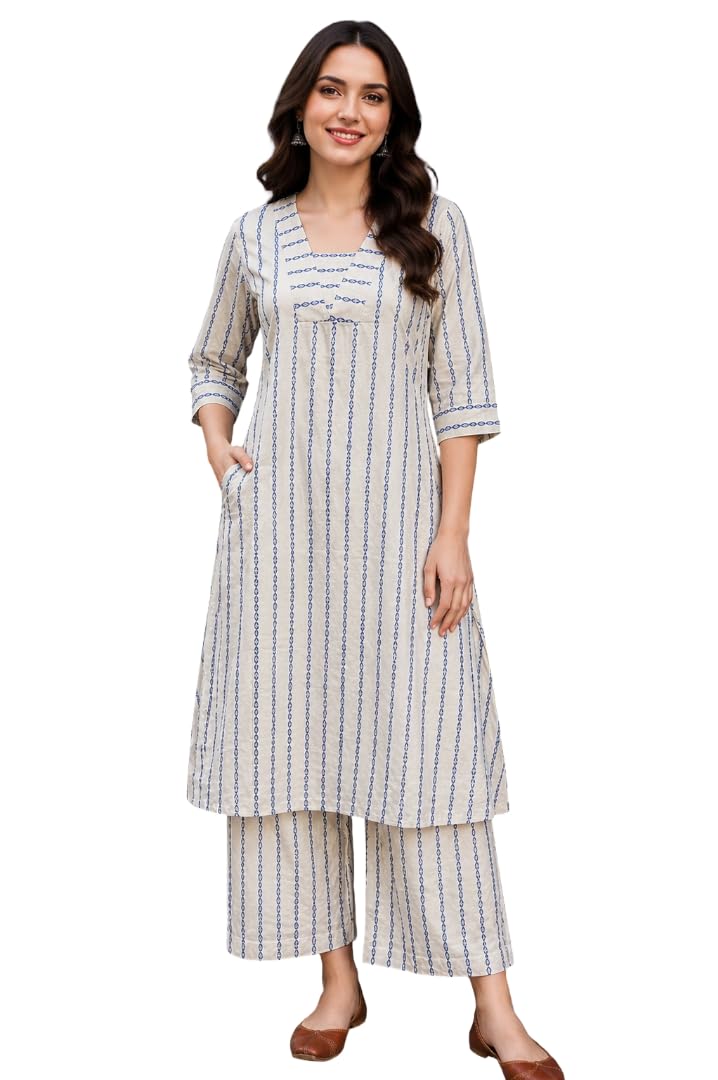Women's Cotton Printed A-Line Kurta Palazzo Pant Set-image-48