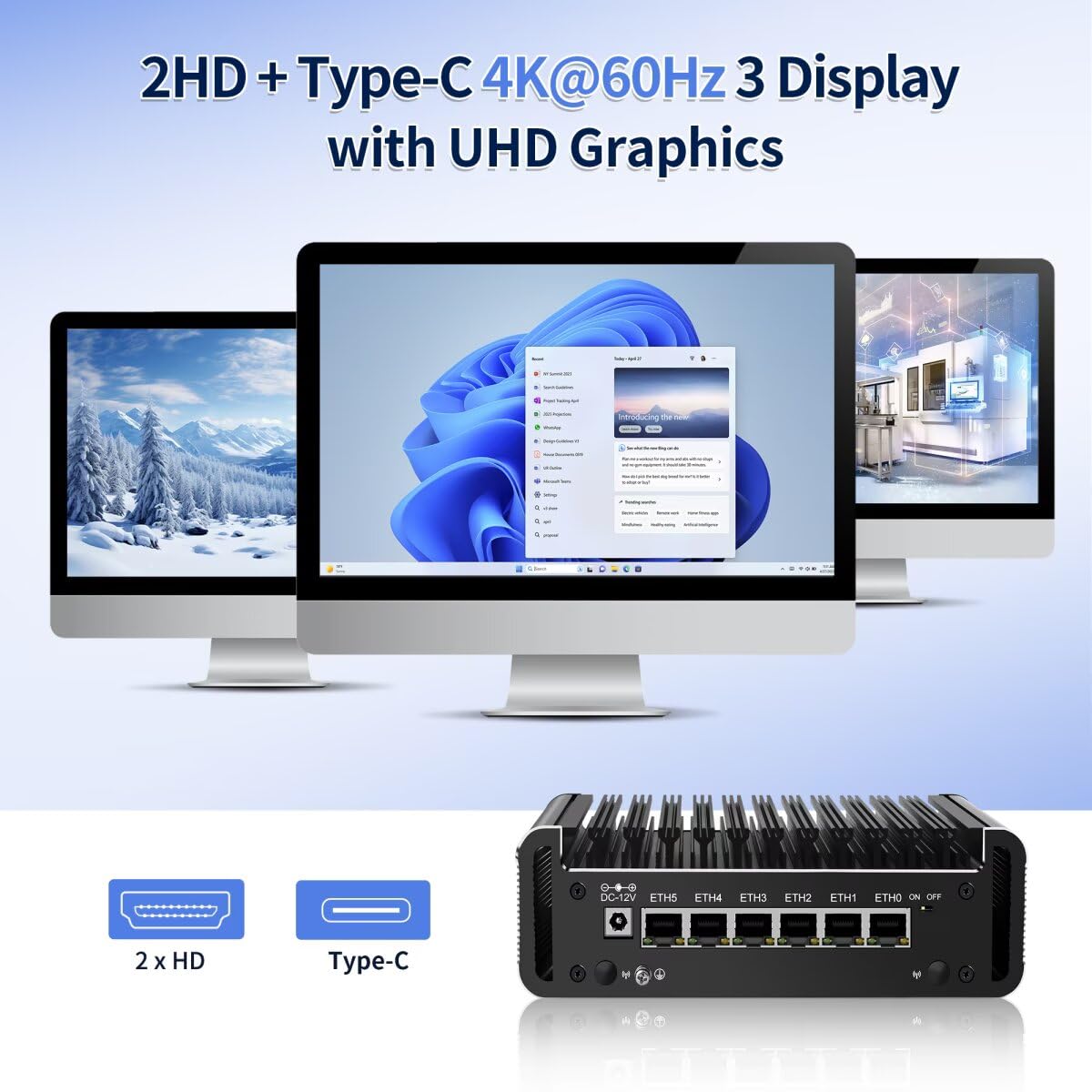 Mini PC N97 Firewall Sin Ventilador (hasta 3.6GHz), Micro Computadora de Hardware DDR5 16GB RAM 256GB con 6 x LAN 2.5GbE I226-V, OPNsense, Tipo C, TF, AES-NI