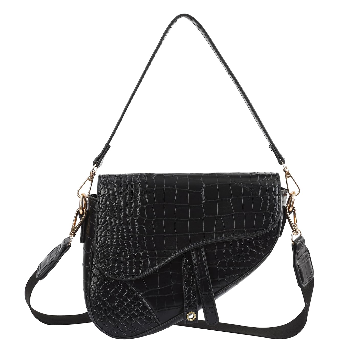 HDE Women's Saddle Shoulder Bag PU Leather Crossbody Purse Crocodile Handbag - Black Crocodile