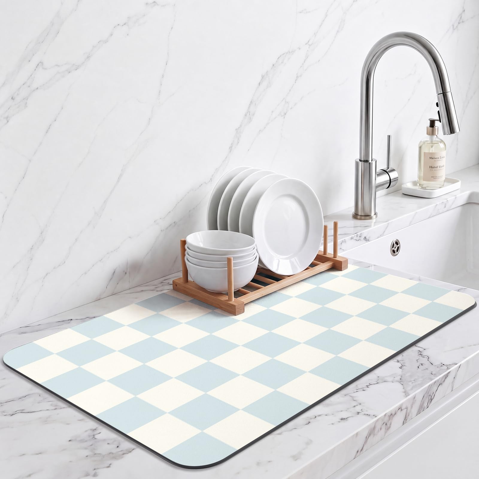 Checkered Draining Mat for Kitchen Countertops Coffee Bar Station, Aesthetic Modern Dish Drying Mat, Water Absorbent Drainer Mat for Drying Tableware (Light Blue, 40X60cm)