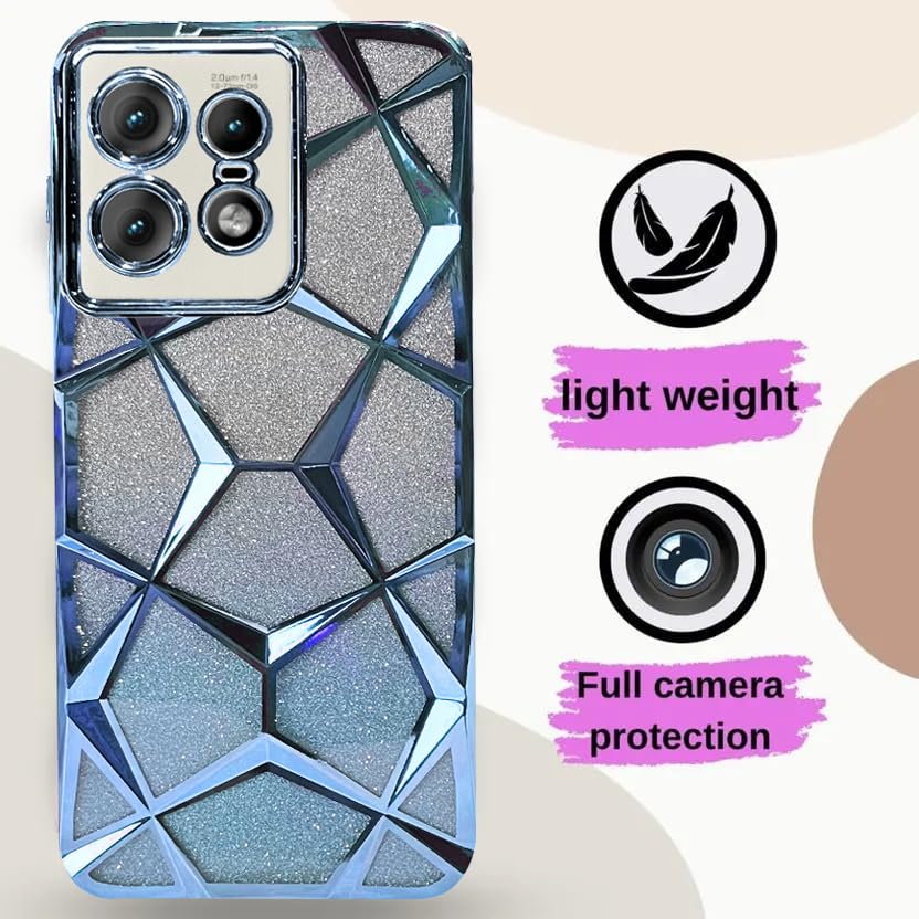Image of VONZEE Gradient Glitter Case for Moto Edge 50 Pro, Luxury Electroplated 3D Cube, Diamond Bling Shiny Soft TPU Clear Shockproof Women Girls Protective Phone Cover (Sierra Blue)