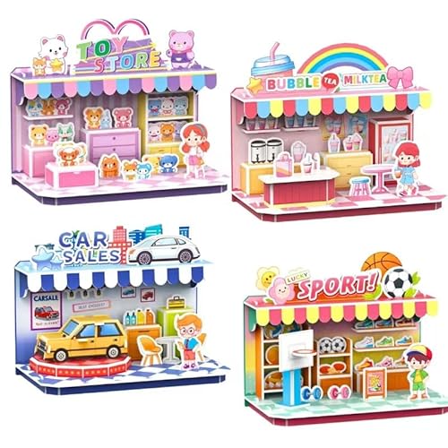 MOMOAO キチン お部屋 3D 立体パズル 厚紙パズル 4種類セット リビングルーム お店 子供用 おとぎの城 ドールハウス パズル 模型 キット 紙製 3Dペーパー おもちゃ 組み立て 工作キット インテリア 飾り用 コレクション 縁日おもちゃ 創造