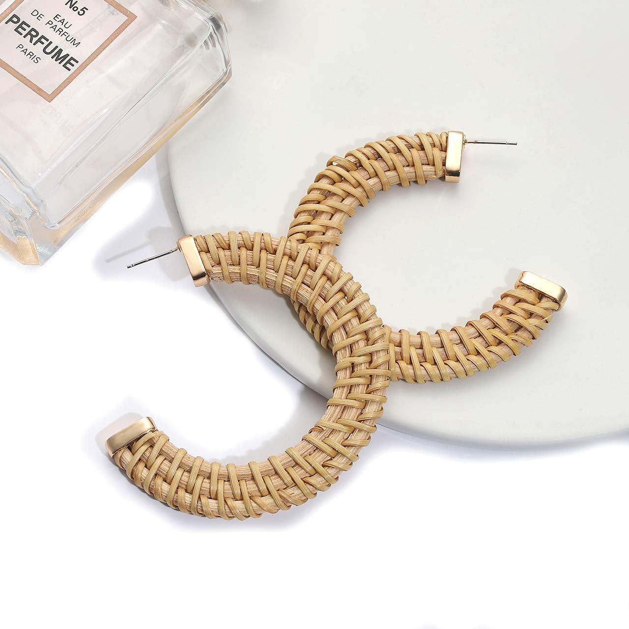 Rattan Earrings for Women Handmade Straw Wicker Braid Drop Dangle Earrings Lightweight Geometric Statement Earrings (E 4PCS Set 2) - Image 6