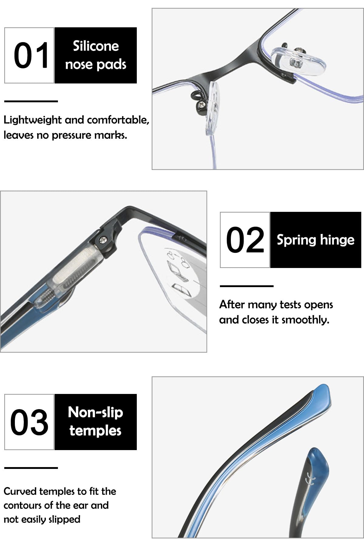 KOOSUFA Gleitsichtbrille Progressive Multifokus Lesebrille Herren Damen Metall Halbrand Anti-Blaulicht Lesebrillen Federscharnier Lesehilfe Arbeitsplatzbrille 1.0 1.5 2.0 2.5 3.0 3.5