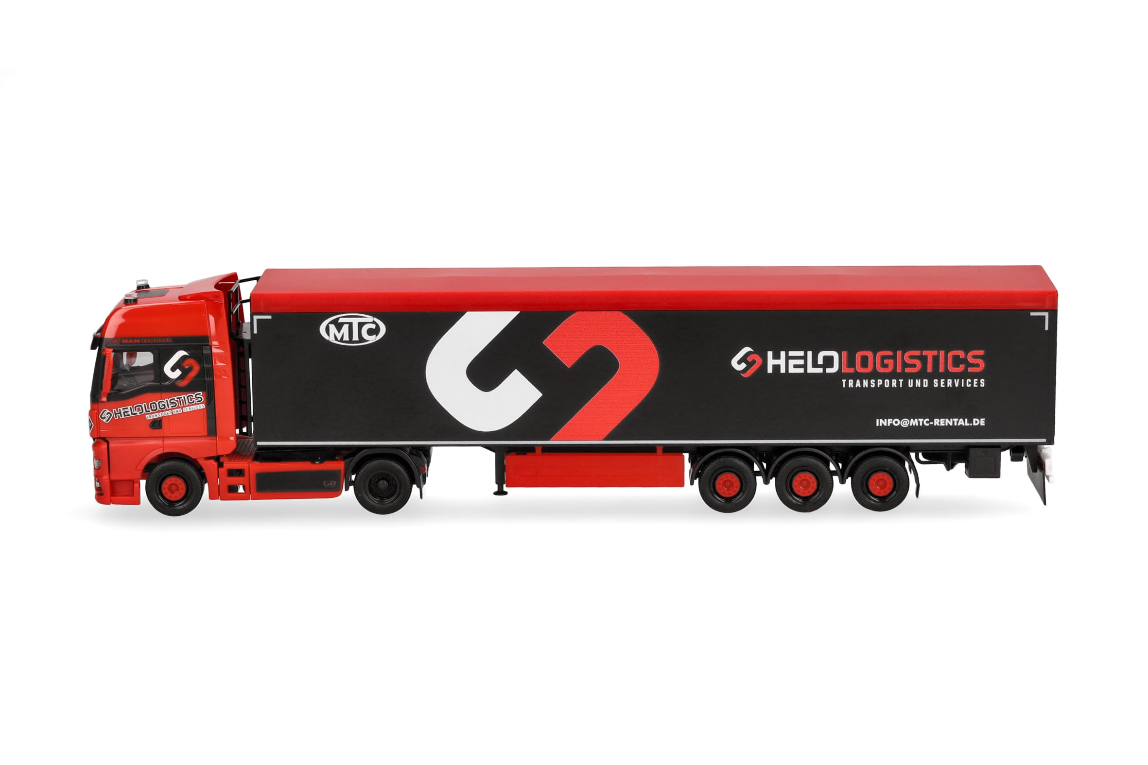 Herpa Model ciężarówki MAN TGX GX naczepa z ruchomą podłogą "Helo-Logistik", miniatura w skali 1:87, kolekcjonerski, Made in Germany, plastik