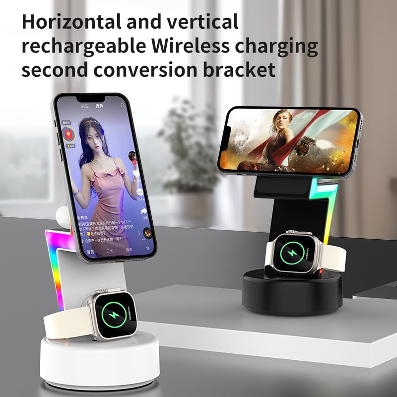 Magnetyczna ładowarka bezprzewodowa 3 w 1 uchwyt na stację ładującą dla IPhone Airpods do IWatch, szybkie ładowanie bazy do inteligentnego zegarka telefonu, światła RGB (czarny)