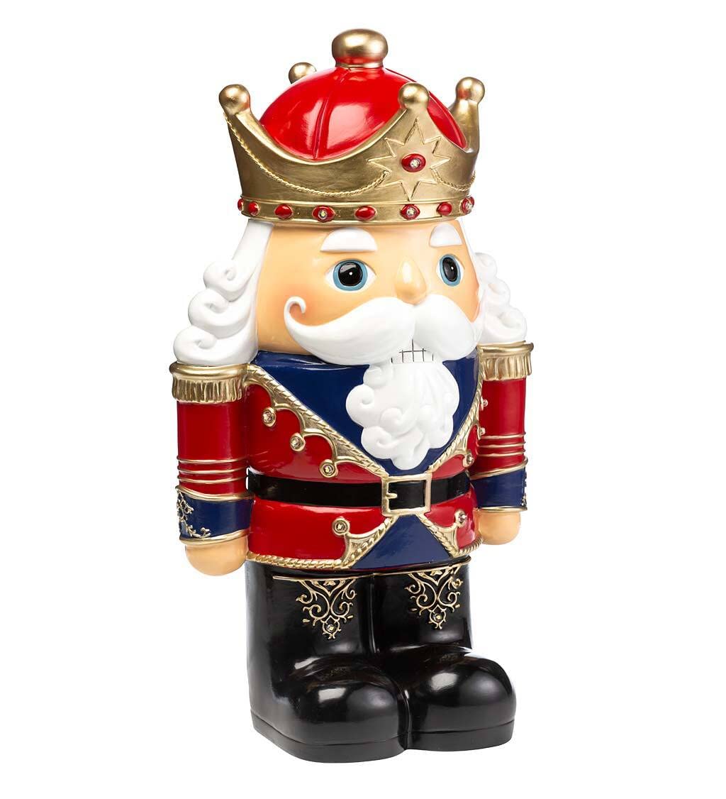 Plow & Hearth Indoor/Outdoor Lighted Nutcracker Shorty, 9 LED Lights Auto-Timer, Military Dress, Holiday Accent, Soldier, King's Crown, Golden Details, Battery-Operated, 9½"W x 7½"D x 17¾"H, White